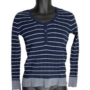Sonoma Sweater Women Size M Petite Blue Striped Long Sleeve Cotton Blend PILLING